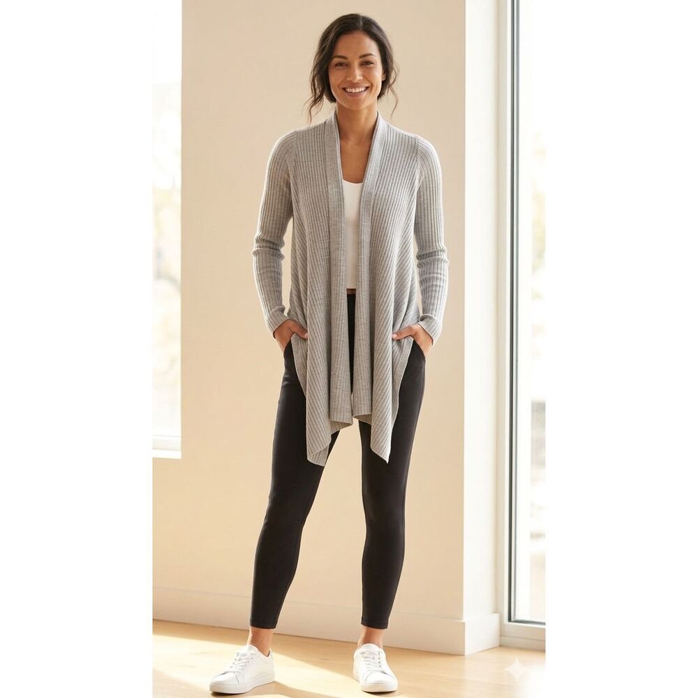 Athleta Solstice Wrap Cardigan XS Grey Merino Wool Blend Ribbed Open Front